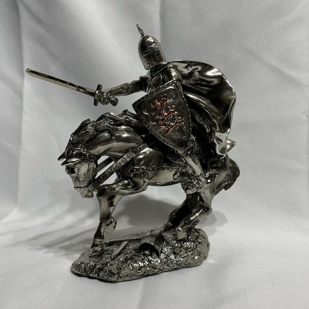 8” Mid-evil Knight on horseback Silver finish NEW! Statue Figure